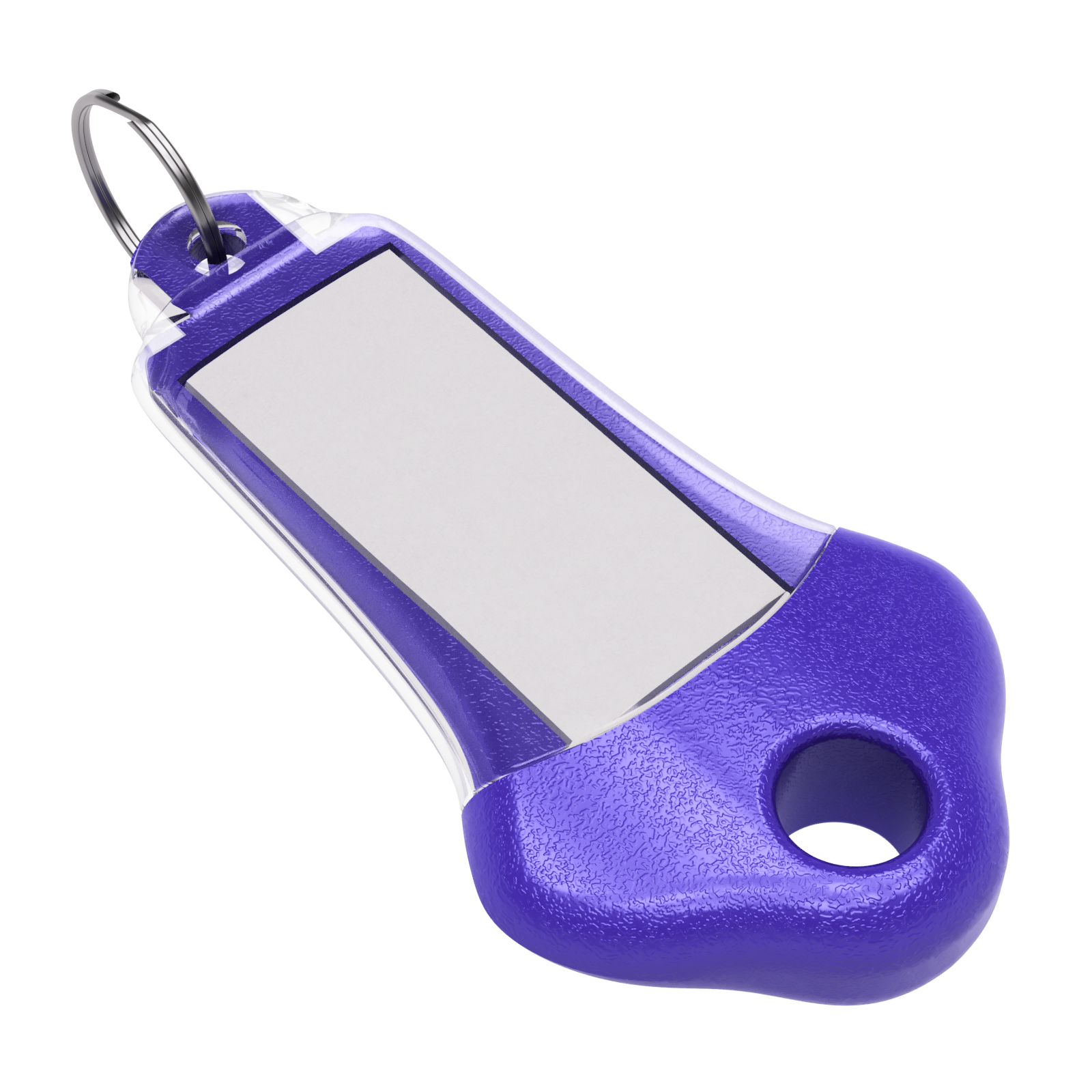 Purple QUERGO key tag with a clear label cover and metal split ring